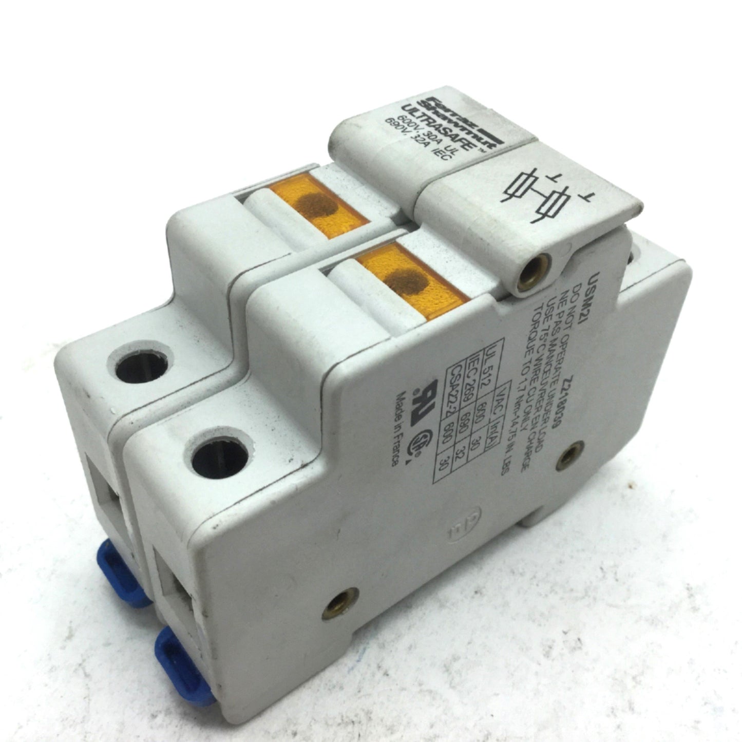 Used Ferraz Shawmut USM21 Fuse Holders, Terminal Rating 600V 30A, 2 Pole