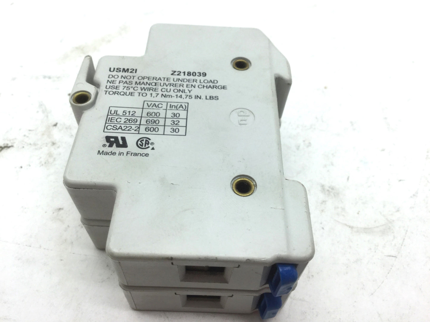 Used Ferraz Shawmut USM21 Fuse Holders, Terminal Rating 600V 30A, 2 Pole