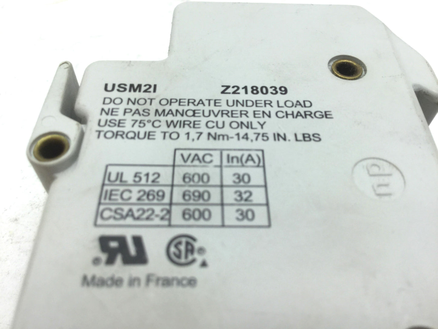 Used Ferraz Shawmut USM21 Fuse Holders, Terminal Rating 600V 30A, 2 Pole