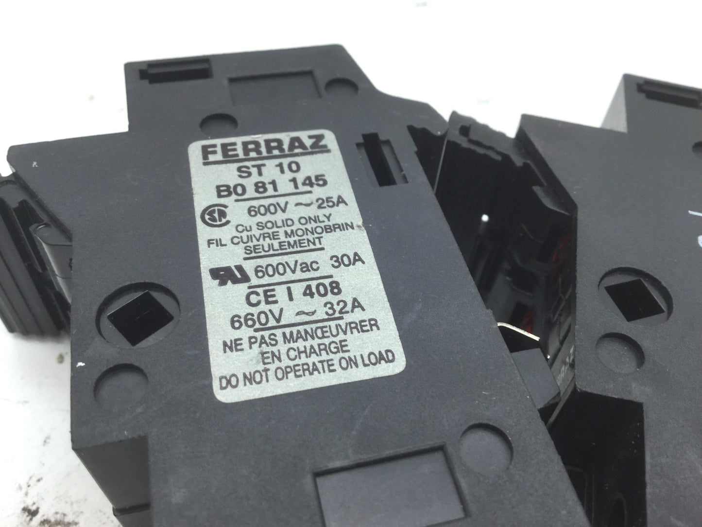 Used  Ferraz ST 10 M 81 224 & ST 10 B0 81 145 Fuse Holders, Rating 600V 30A 2 Pole