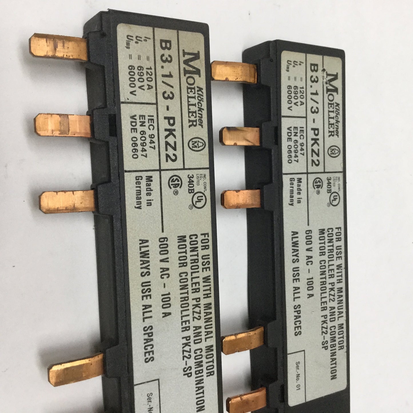 Used Lot of 2 Klockner Moeller B3.1/3-PKZ2 3-Position Buss Bar Connector 600VAC 100A