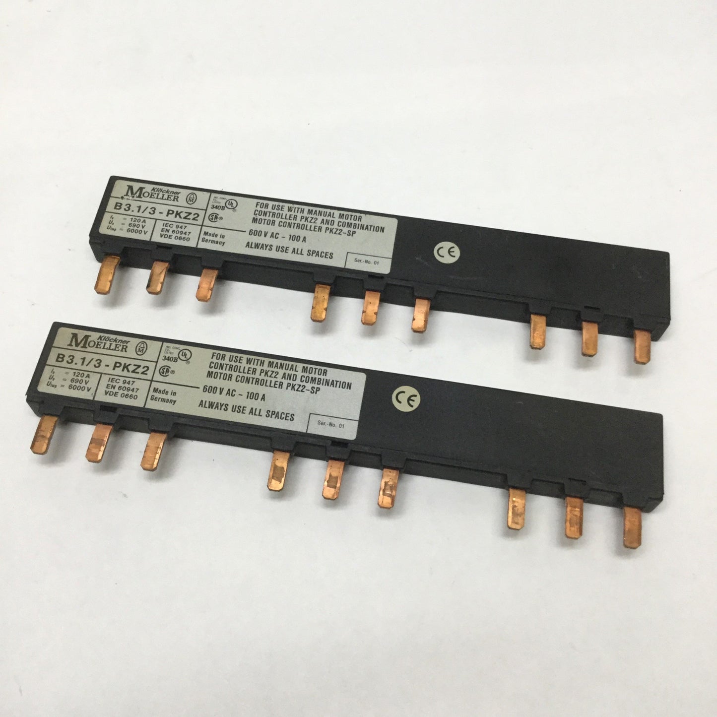 Used Lot of 2 Klockner Moeller B3.1/3-PKZ2 3-Position Buss Bar Connector 600VAC 100A