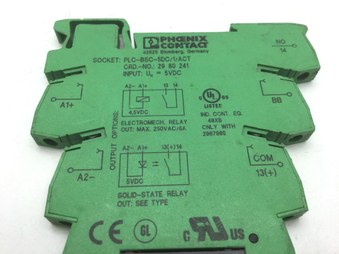 Used Phoenix Contact 2967989 Solid State Relay PLC-BSC-5DC/1/ACT Base 6A 250V 240VAC
