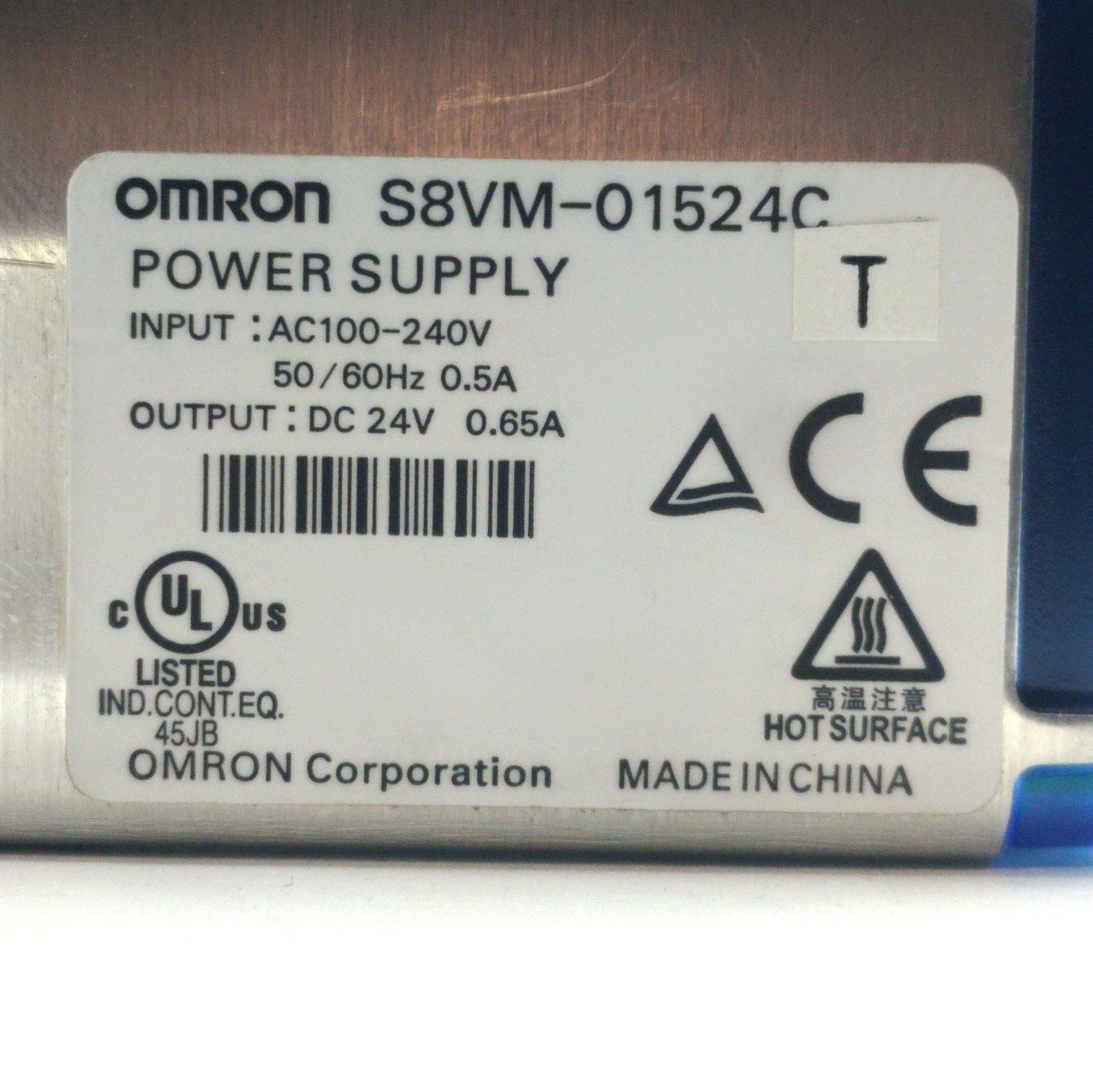 Used Omron S8VM-01524C Power Supply Output: 24VDC 0.65A Input: 100-240VAC 50/60Hz