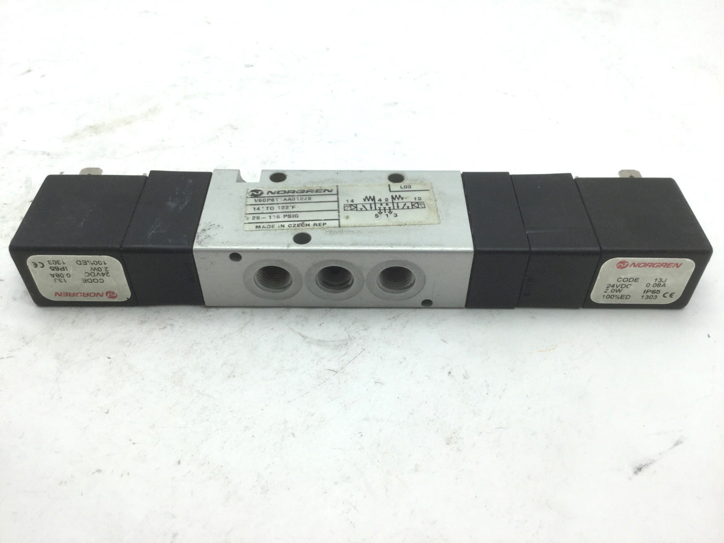 Used Norgren V60P711AA313JB Solenoid Valve, 3-Pos 5-Port Center Exhaust 24VDC 1/8G
