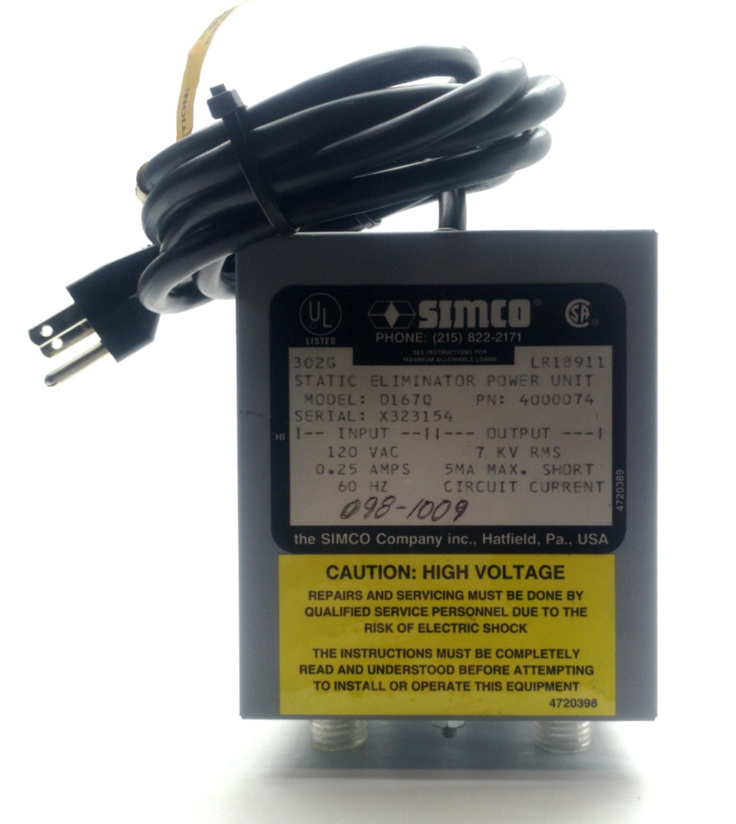 Used Simco D167Q Antistatic Power Supply, Output: 2x 7 kV, 3mA Input: 120VAC