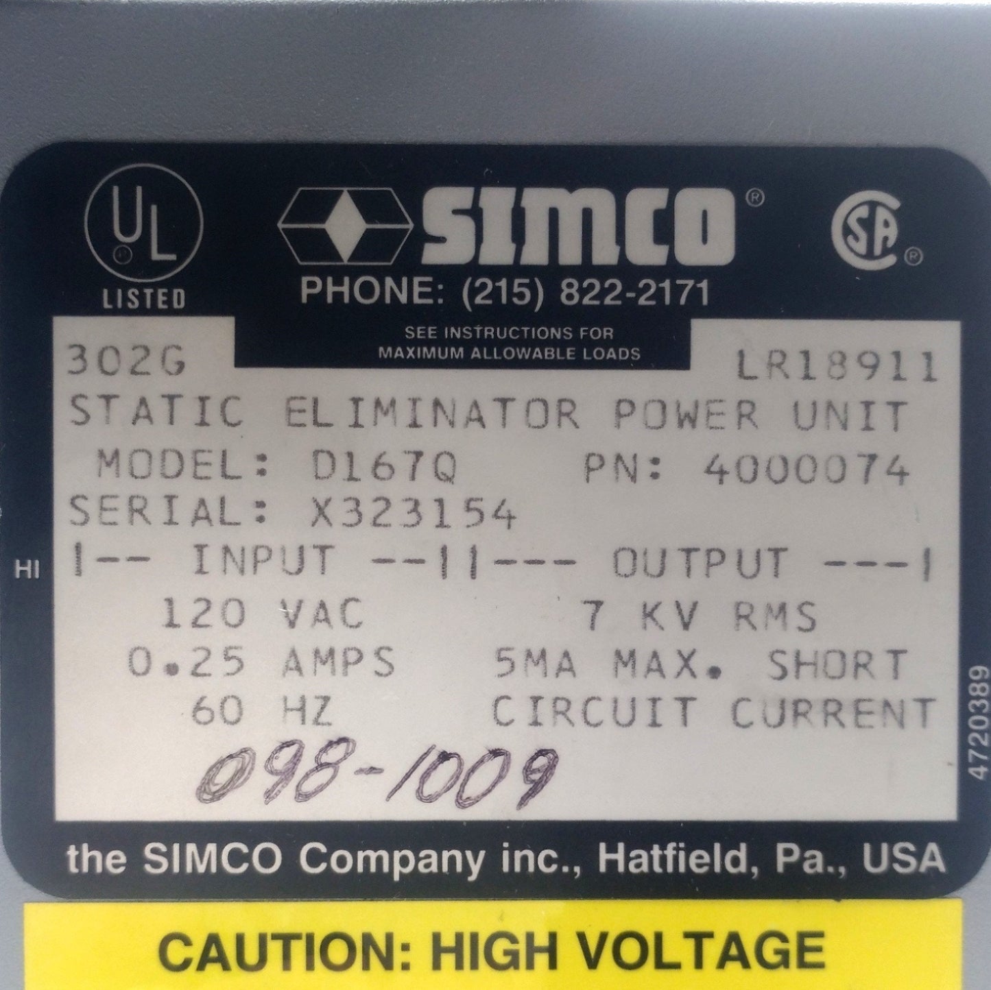 Used Simco D167Q Antistatic Power Supply, Output: 2x 7 kV, 3mA Input: 120VAC
