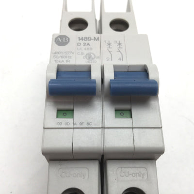 Used Allen Bradley 1489-M2D020 Circuit Breaker, 2-Pole, D-Curve, 2A 480Y/277VAC