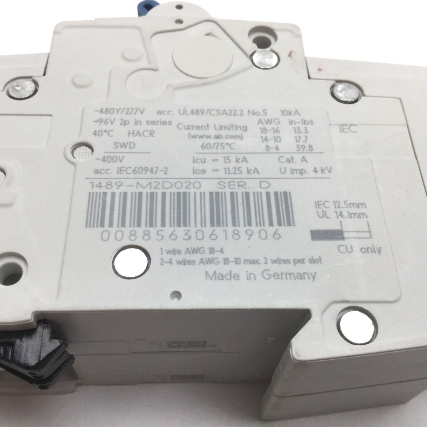 Used Allen Bradley 1489-M2D020 Circuit Breaker, 2-Pole, D-Curve, 2A 480Y/277VAC