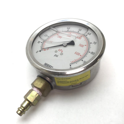 Used Wika Pressure Gauge, Range: 0-100psi (0-680kPa), Liquid Filled, 1/4" NPT W/ QD
