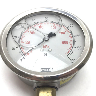 Used Wika Pressure Gauge, Range: 0-100psi (0-680kPa), Liquid Filled, 1/4" NPT W/ QD