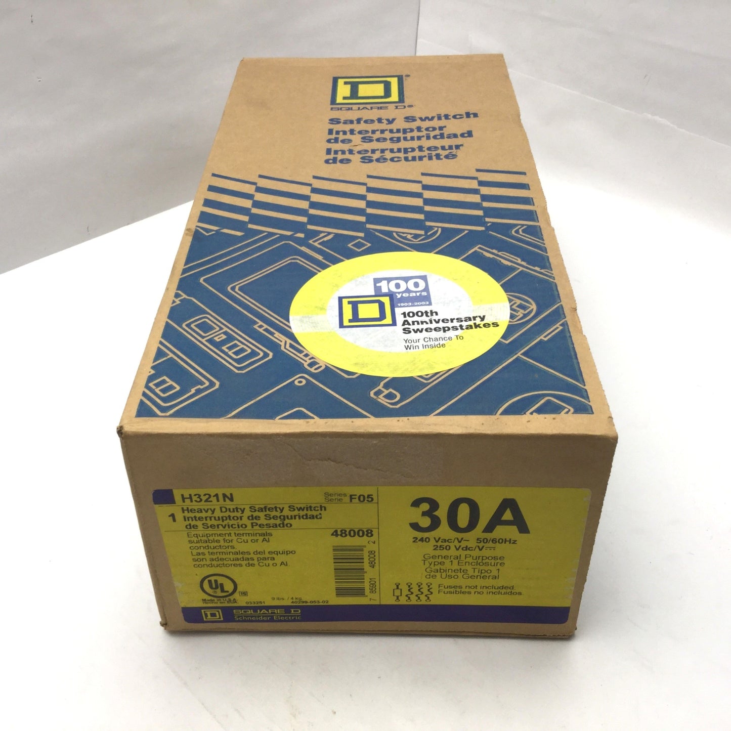 New Square D H321N Fusible Heavy Duty Single Throw Safety Switch, 240VAC/250VDC, 30A