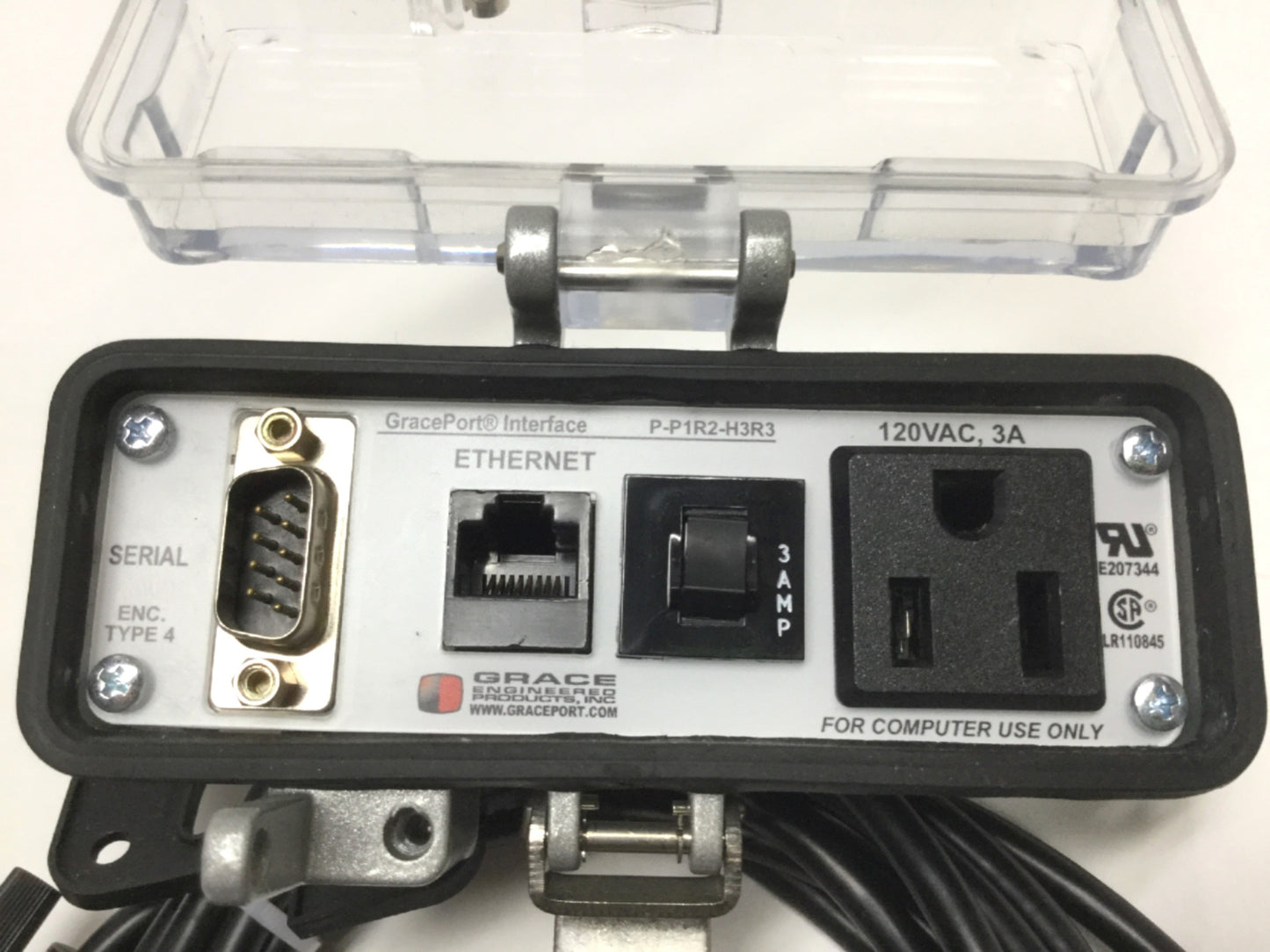 Used Grace P-P1R2-H3R3 Simplex Outlet Ethernet DB9 Serial Enclosure Interface Panel