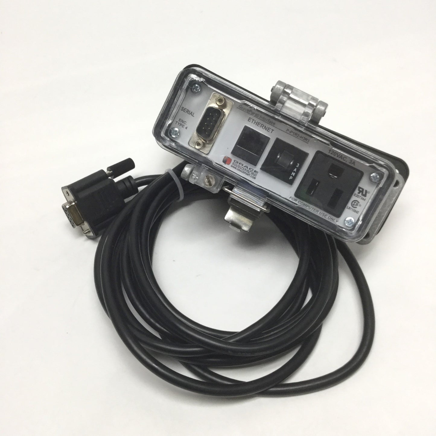 Used Grace P-P1R2-H3R3 Simplex Outlet Ethernet DB9 Serial Enclosure Interface Panel