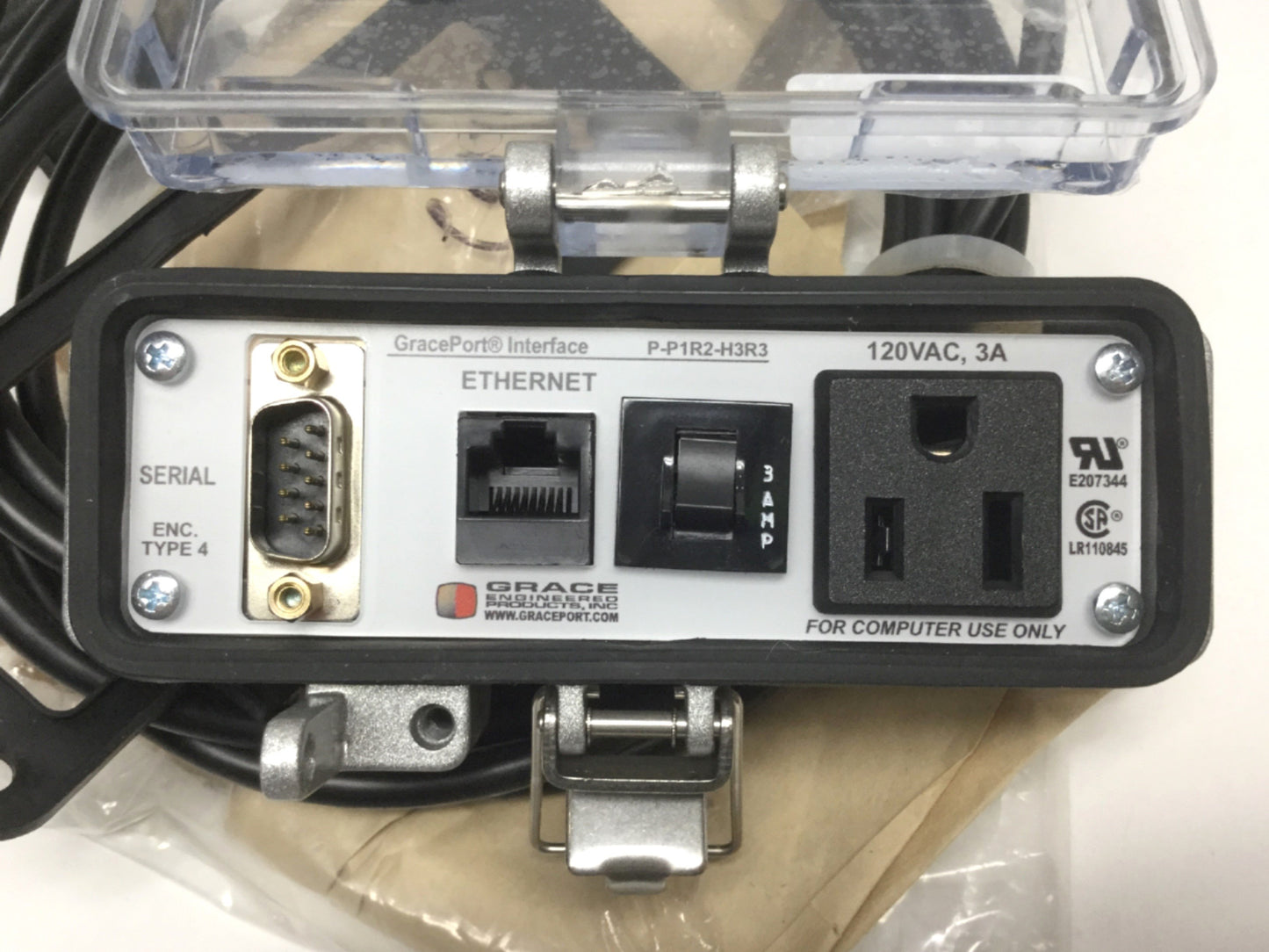 New – Open box Grace P-P1R2-H3R3 Enclosure Interface Panel Simplex Outlet Ethernet DB9 Serial