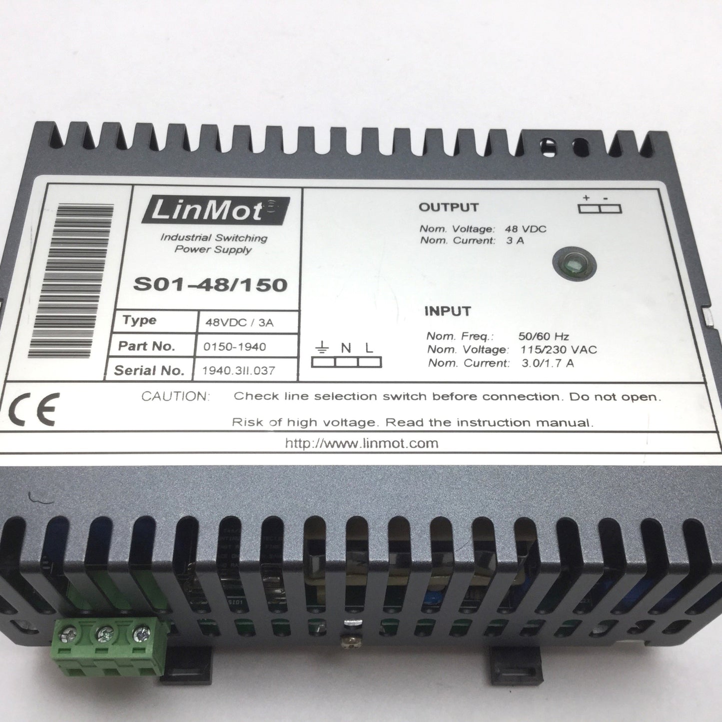 Used LinMot S01-48/150 Switching Power Supply, In: 115/230VAC 3/1.7A, Out: 48VDC 3A