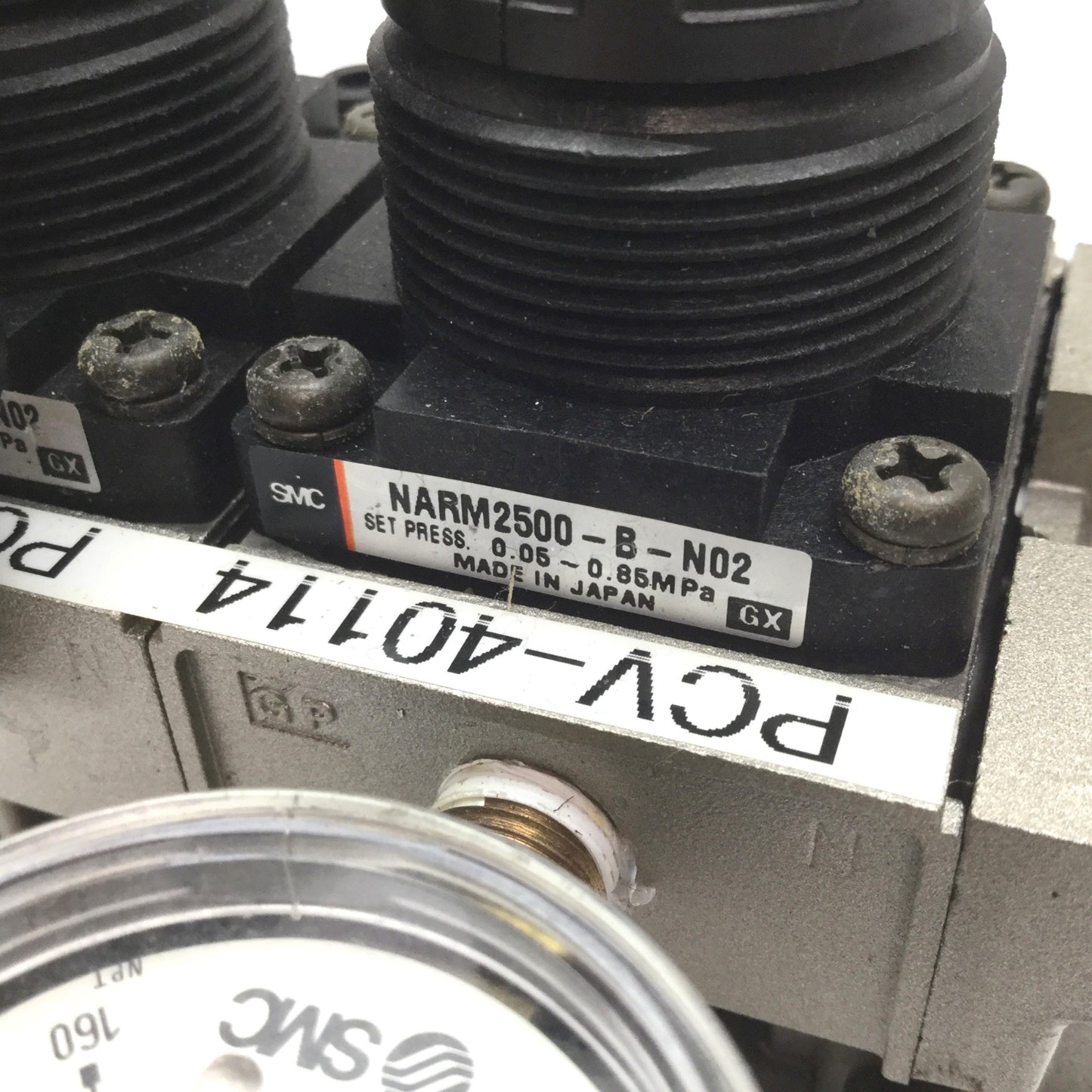 Used Manifold of 2 SMC NARM2500-B-N02 Regulator, Set Pressure: 0.05-0.85MPa, 1/4" NPT