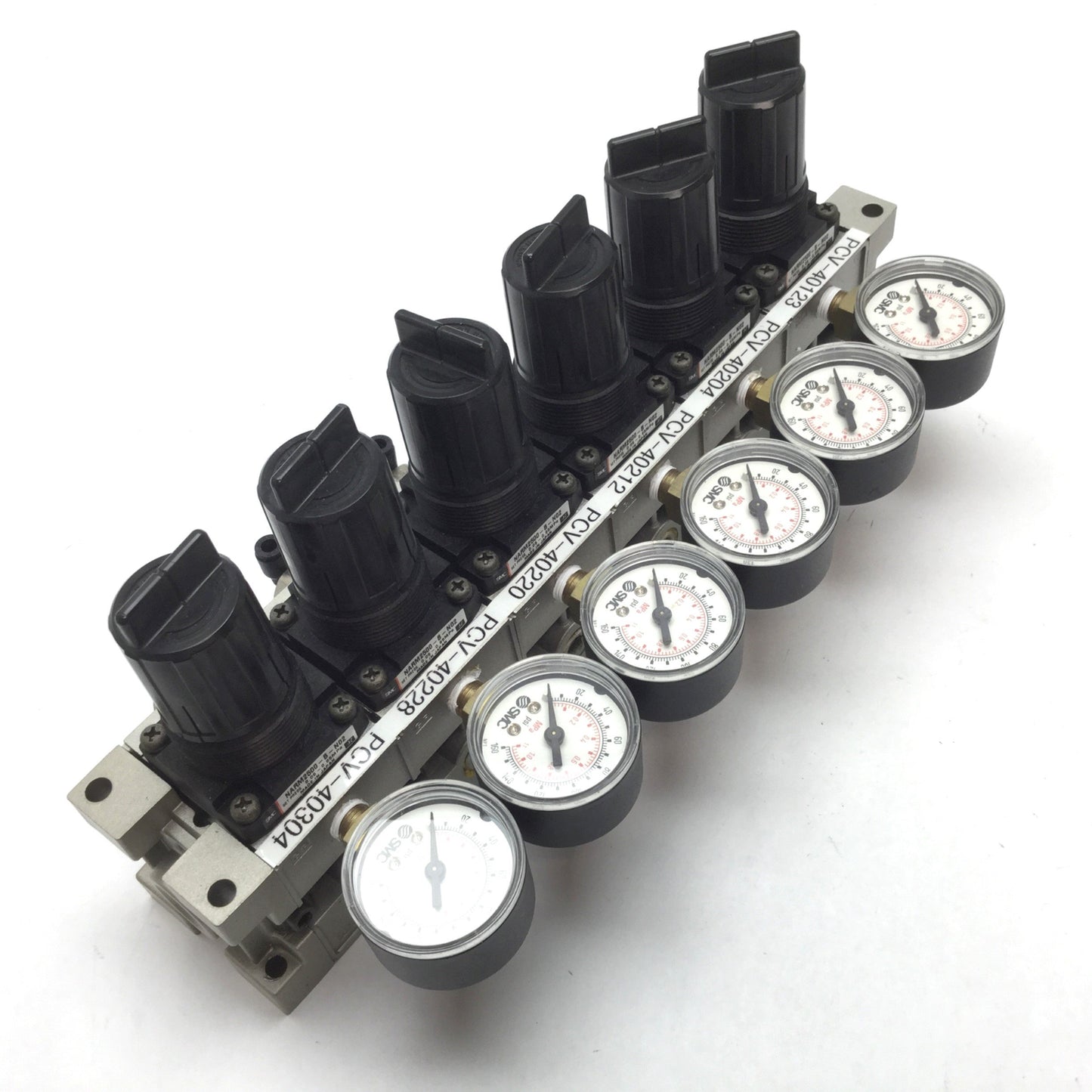 Used Manifold of 6 SMC NARM2500-B-N02 Regulator, Set Pressure: 0.05-0.85MPa, 1/4" NPT