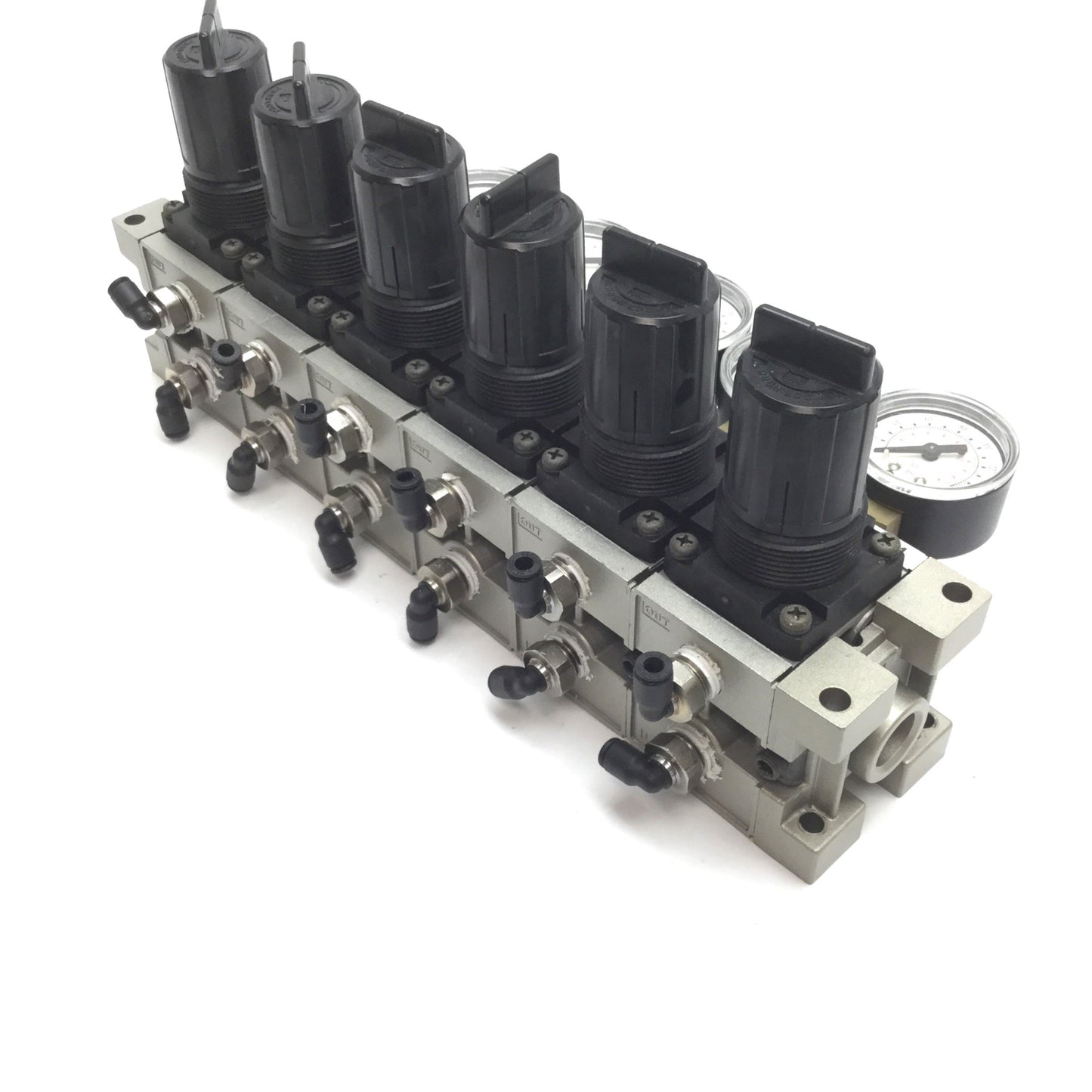 Used Manifold of 6 SMC NARM2500-B-N02 Regulator, Set Pressure: 0.05-0.85MPa, 1/4" NPT