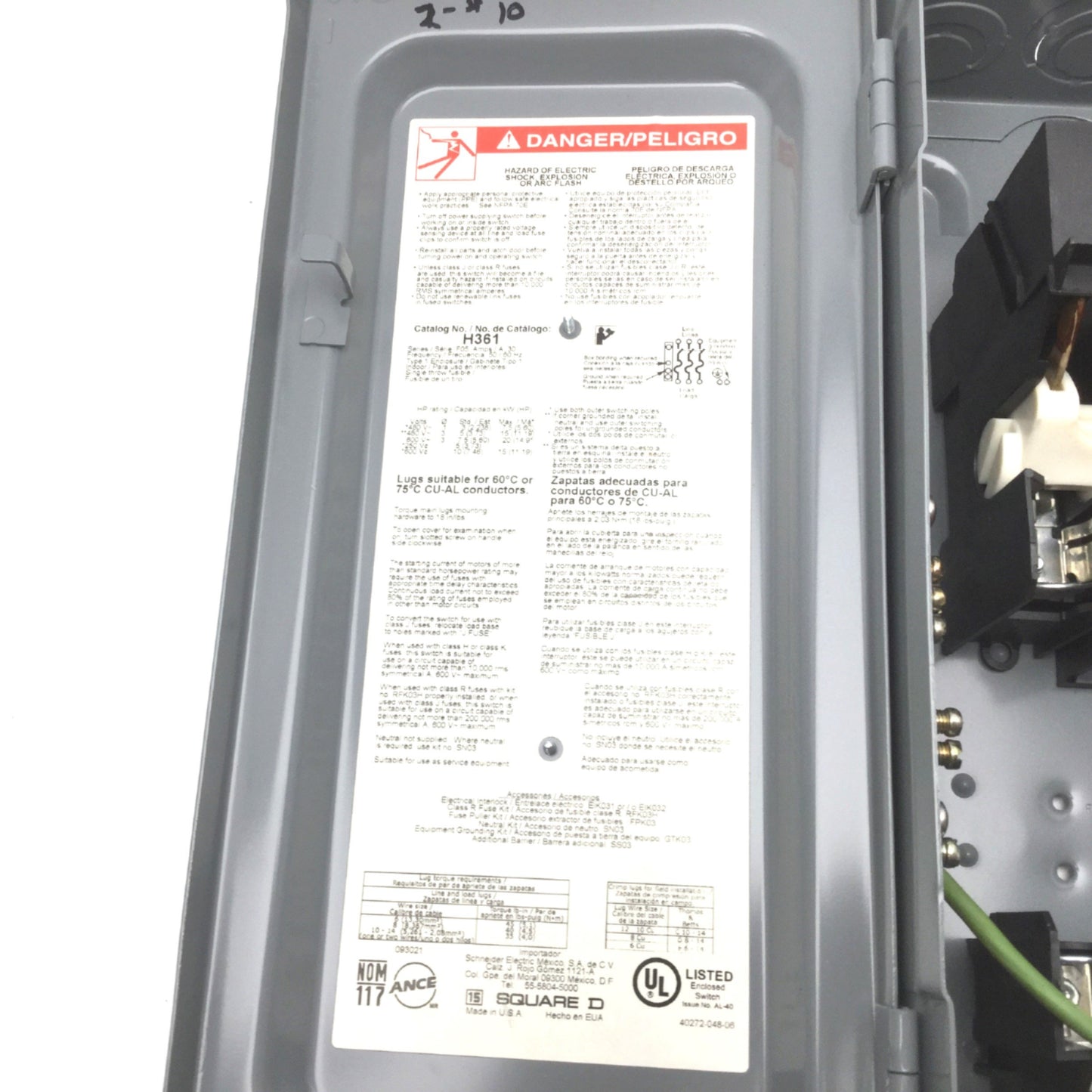 Used Square D HU361 Single Throw Heavy Duty Safety Switch, 600V AC/DC, 30A, 3-Pole