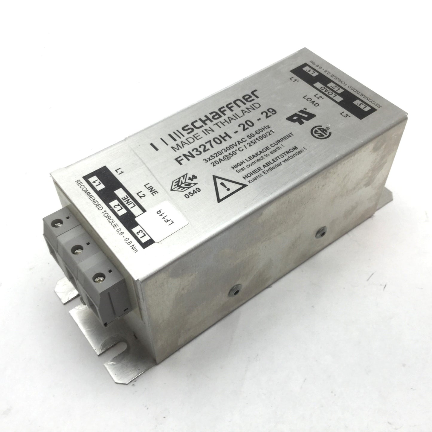 Used Schaffner FN3270H-20-29 EMC Filter, Power: 3-Phase 520/300VAC 50/60Hz 20A