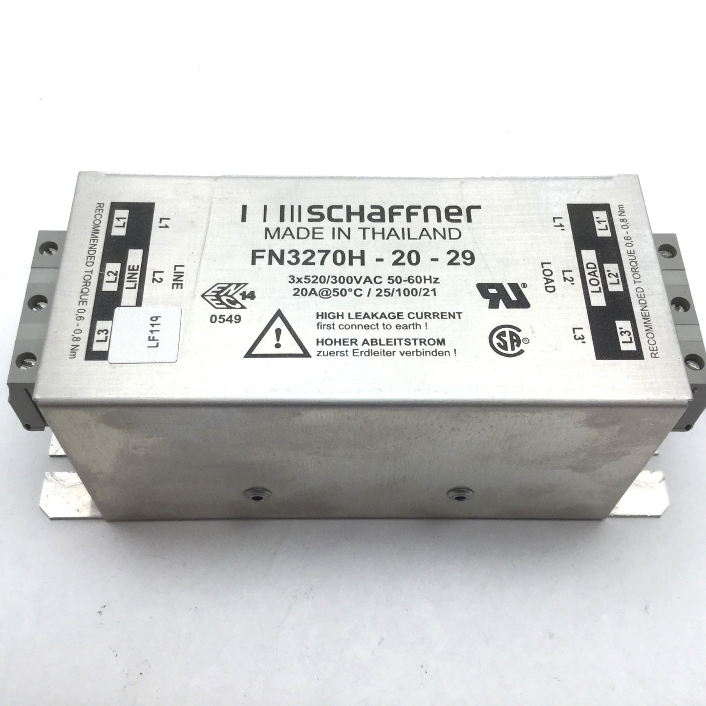 Used Schaffner FN3270H-20-29 EMC Filter, Power: 3-Phase 520/300VAC 50/60Hz 20A
