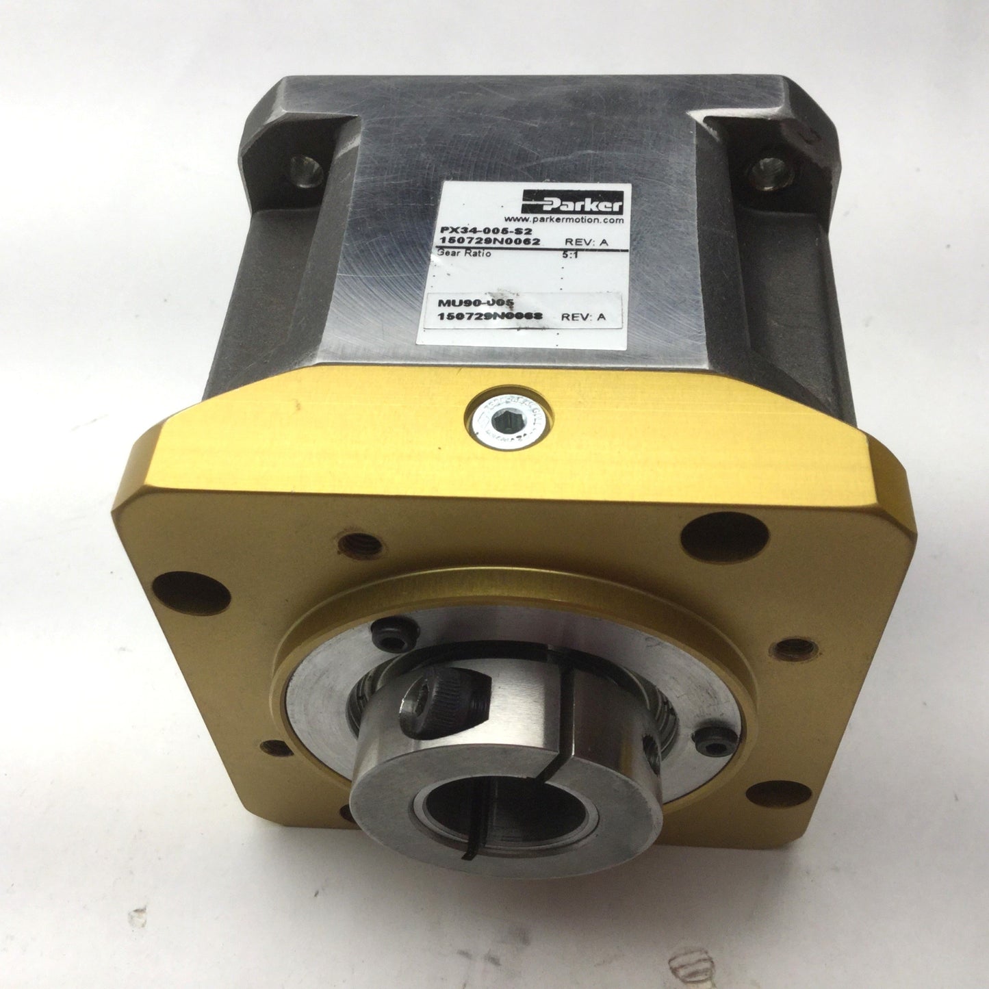 Used Parker PX34-005-S2 Inline Gearbox Head, 5:1 Ratio, NEMA 34, Rev A, 1/2" Shaft