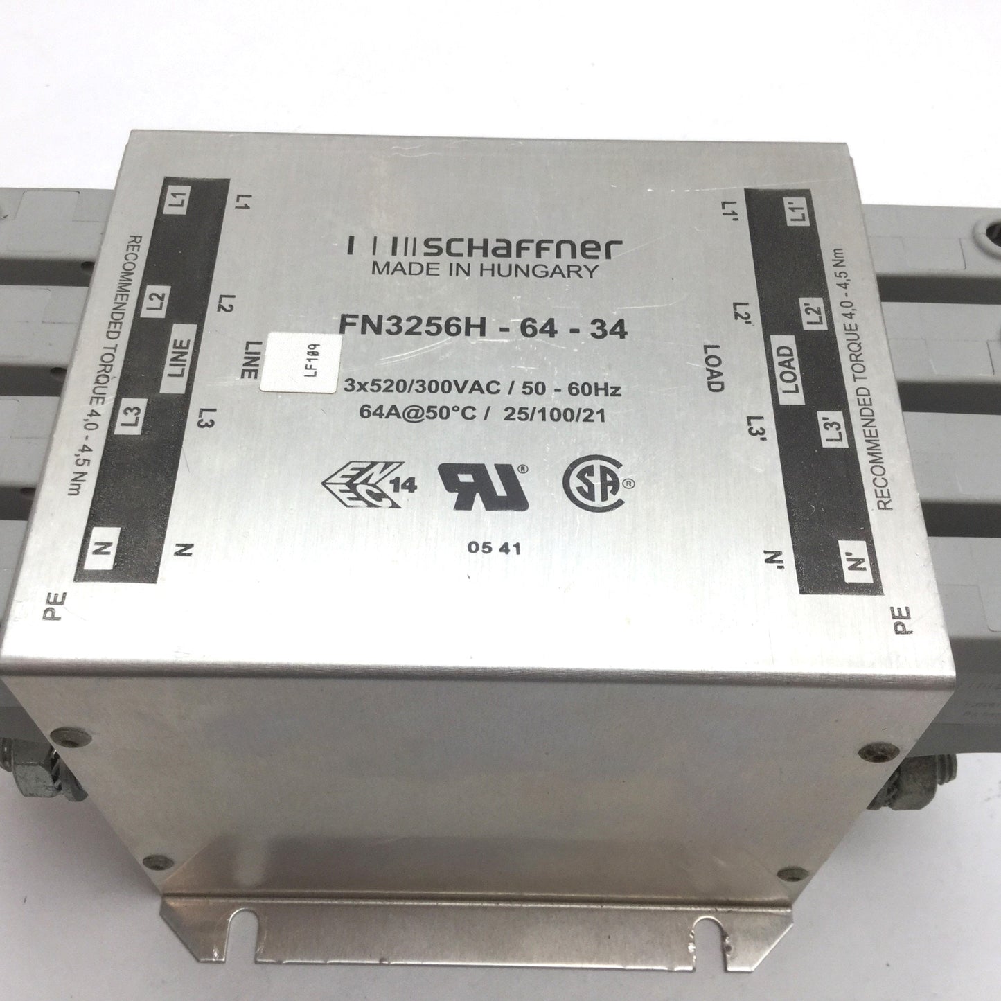 Used Schaffner FN3256H-64-34 Power Line Filter, Rating: 520/300VAC 64A 3-Phase