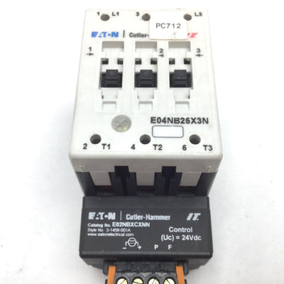 Used Eaton E04NB25X3N Contactor Starter With E02NBXCXNN 24VDC Coil, 600VAC 25A 3-Pole