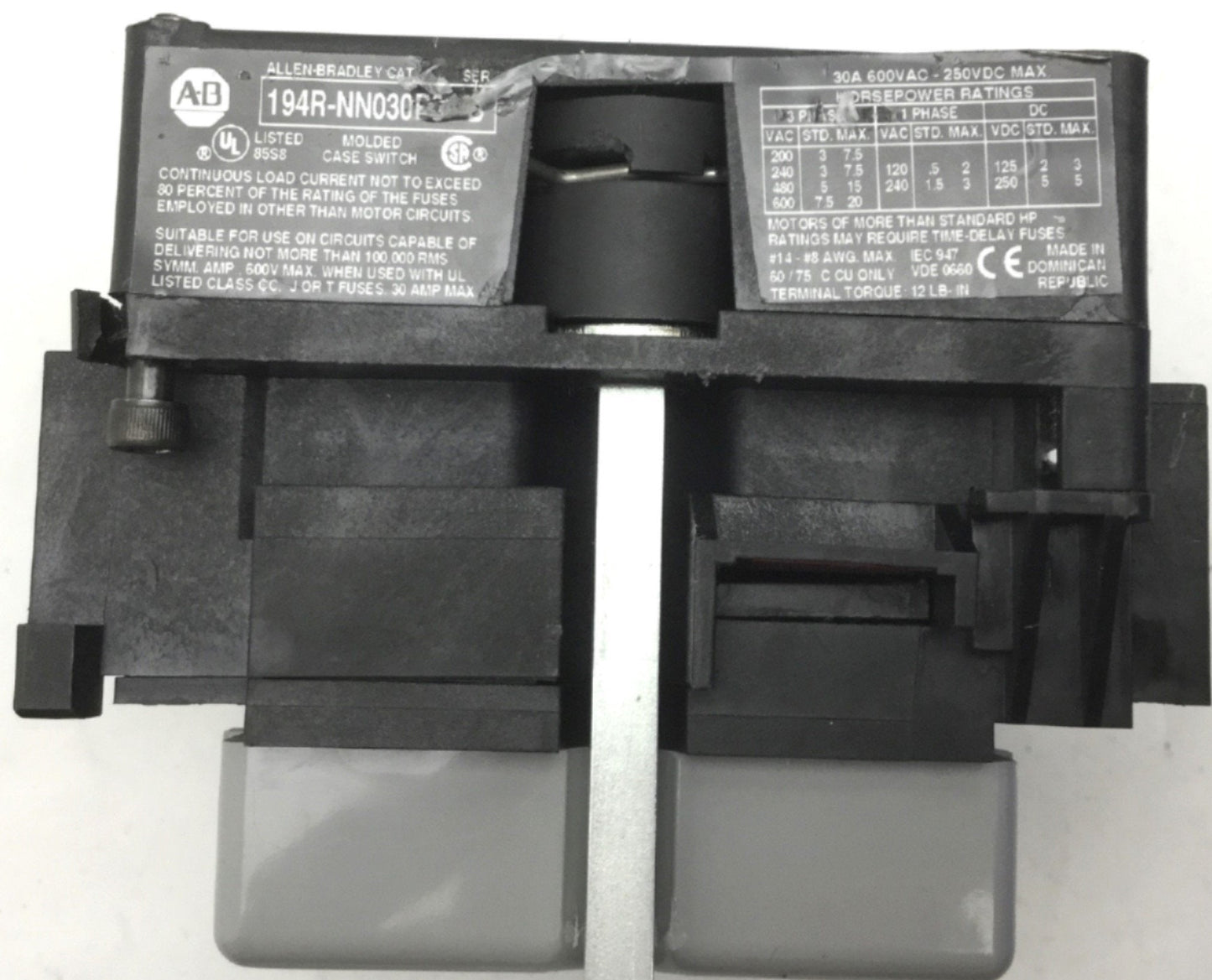 Used Allen Bradley 194R-NN030P3 Disconnect Switch 3-Pole, Rating: 30A, 600VAC, 250VDC