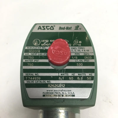 Used Asco 8262G012 Red Hat II Solenoid 2-Way Stainless Shutoff Valve 1/8" NPT, 120VAC