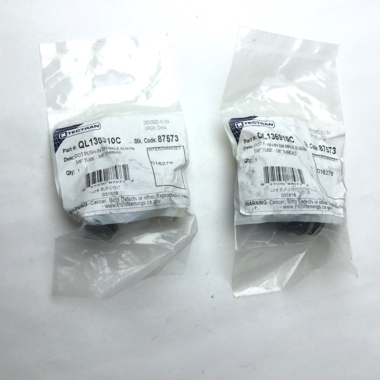 New Lot of 2 New Tectran QL136910C DOT Push-In SW Male Elbow, 5/8" Tube, 3/8" Thread