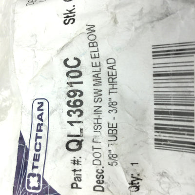 New Lot of 2 New Tectran QL136910C DOT Push-In SW Male Elbow, 5/8" Tube, 3/8" Thread