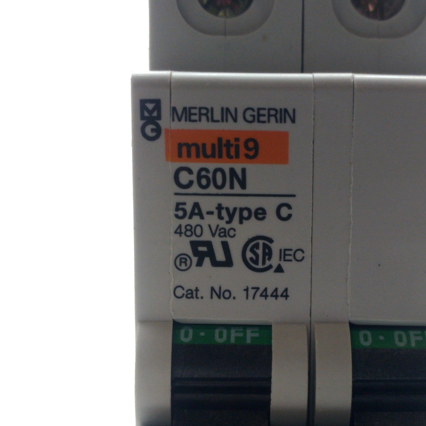 Used Merlin Gerin 17444 Circuit Breaker, 2-Pole Multi 9 C60N 5A Type-C, 480VAC/125VDC
