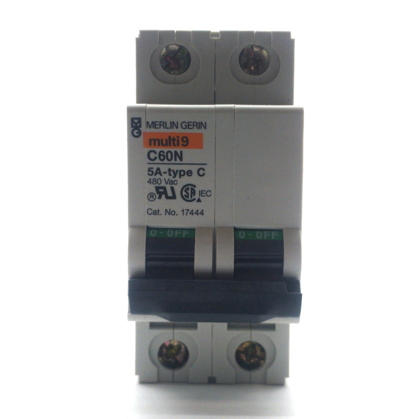 Used Merlin Gerin 17444 Circuit Breaker, 2-Pole Multi 9 C60N 5A Type-C, 480VAC/125VDC