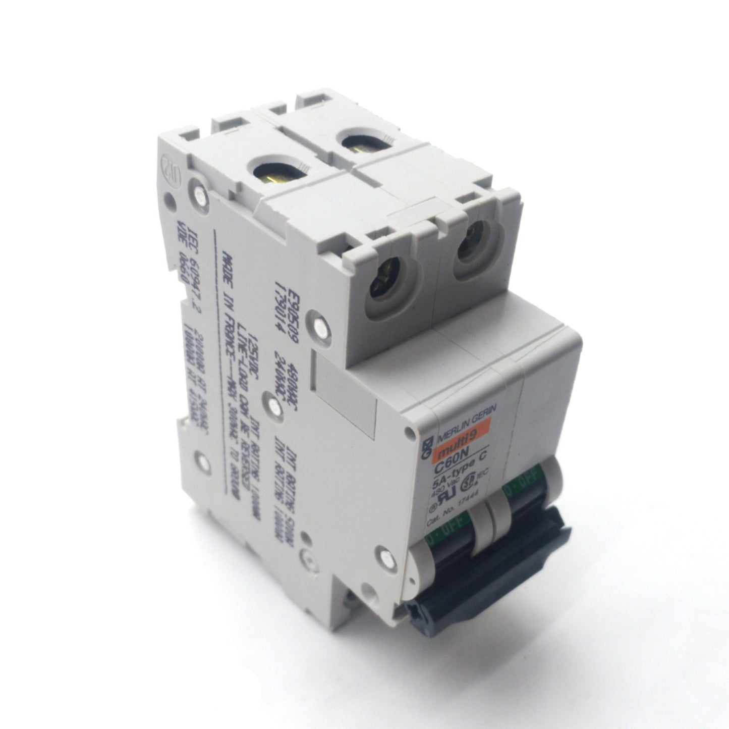 Used Merlin Gerin 17444 Circuit Breaker, 2-Pole Multi 9 C60N 5A Type-C, 480VAC/125VDC