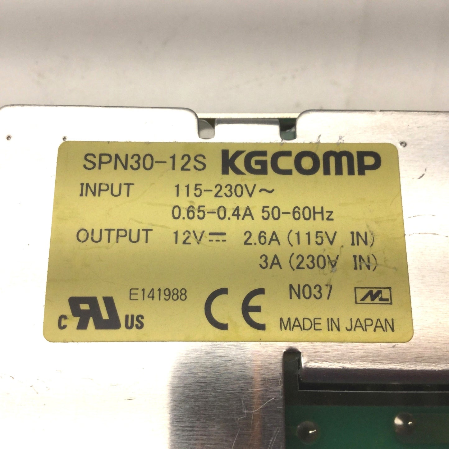 Used KGCOMP SPN30-12S Power Supply Input: 115-230VAC, 50/60Hz, .65-.4A, Out: 12VDC