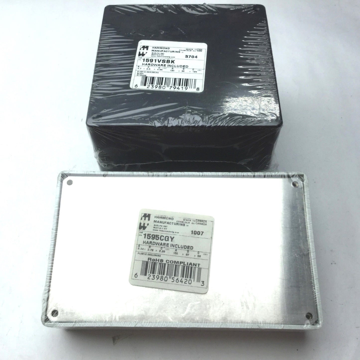 New Lot of 2 New Hammond Enclosures, 1595CGY & 1591VSBK, Hardware Included