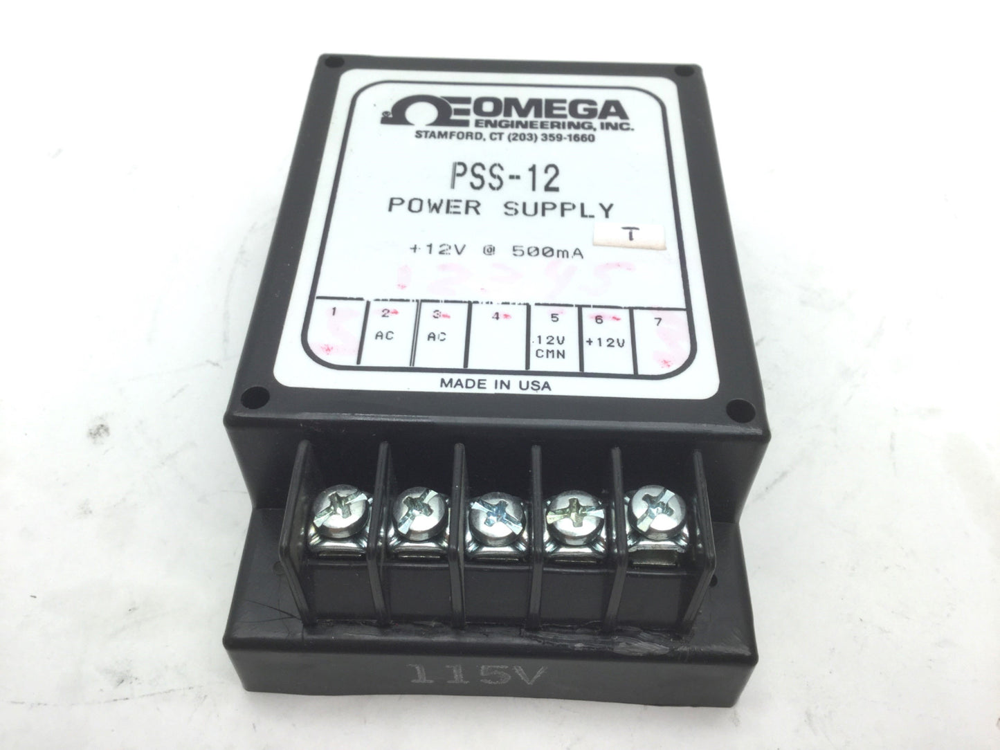 Used Omega PSS-12 Barrier Strip Power Supply, Input: 115VAC Output: 12VDC 500mA