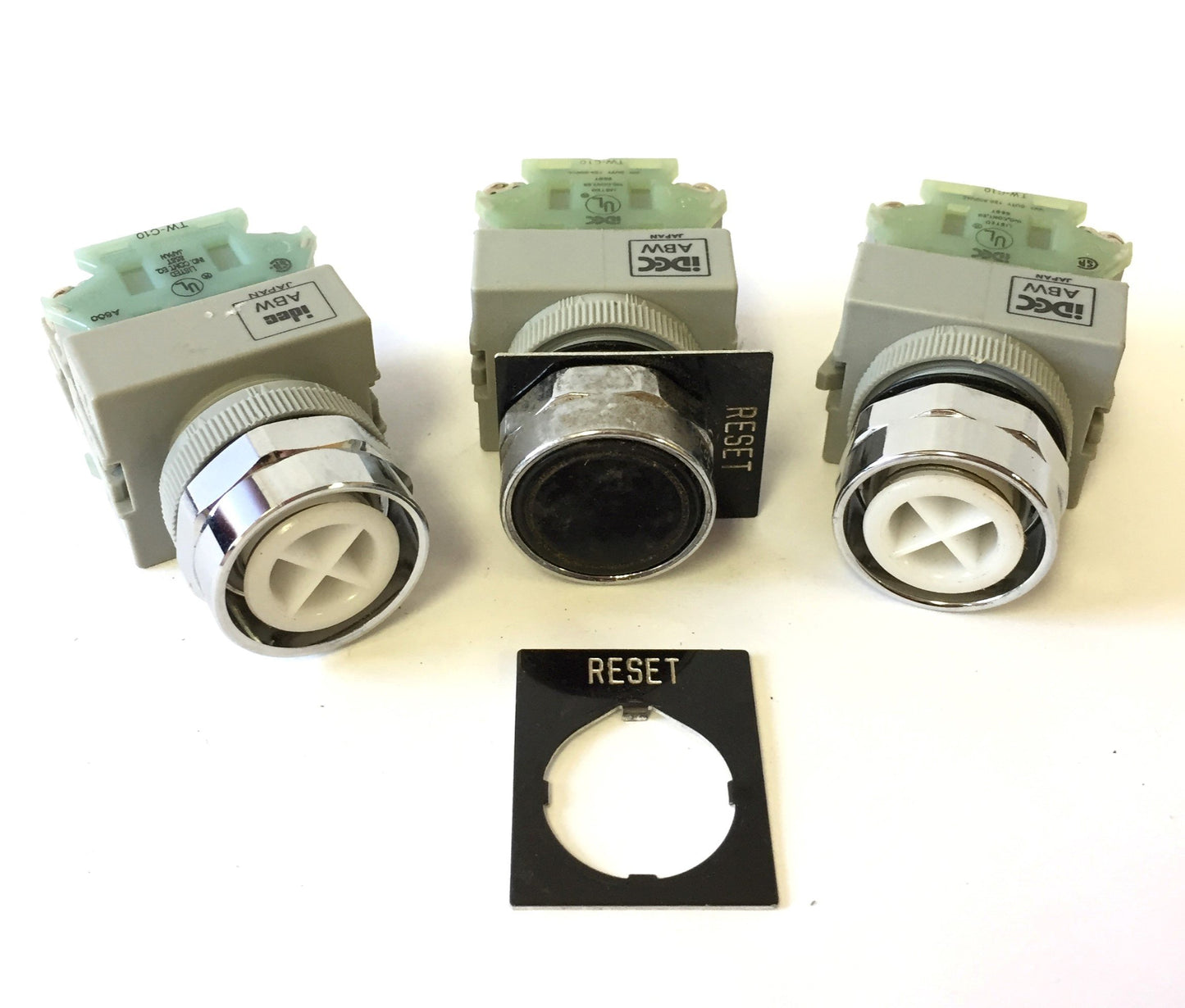 Used Lot of 3 Idec ABW Pushbuttons, 2x TW-C10 N/O Contacts, Momentary, Missing Covers