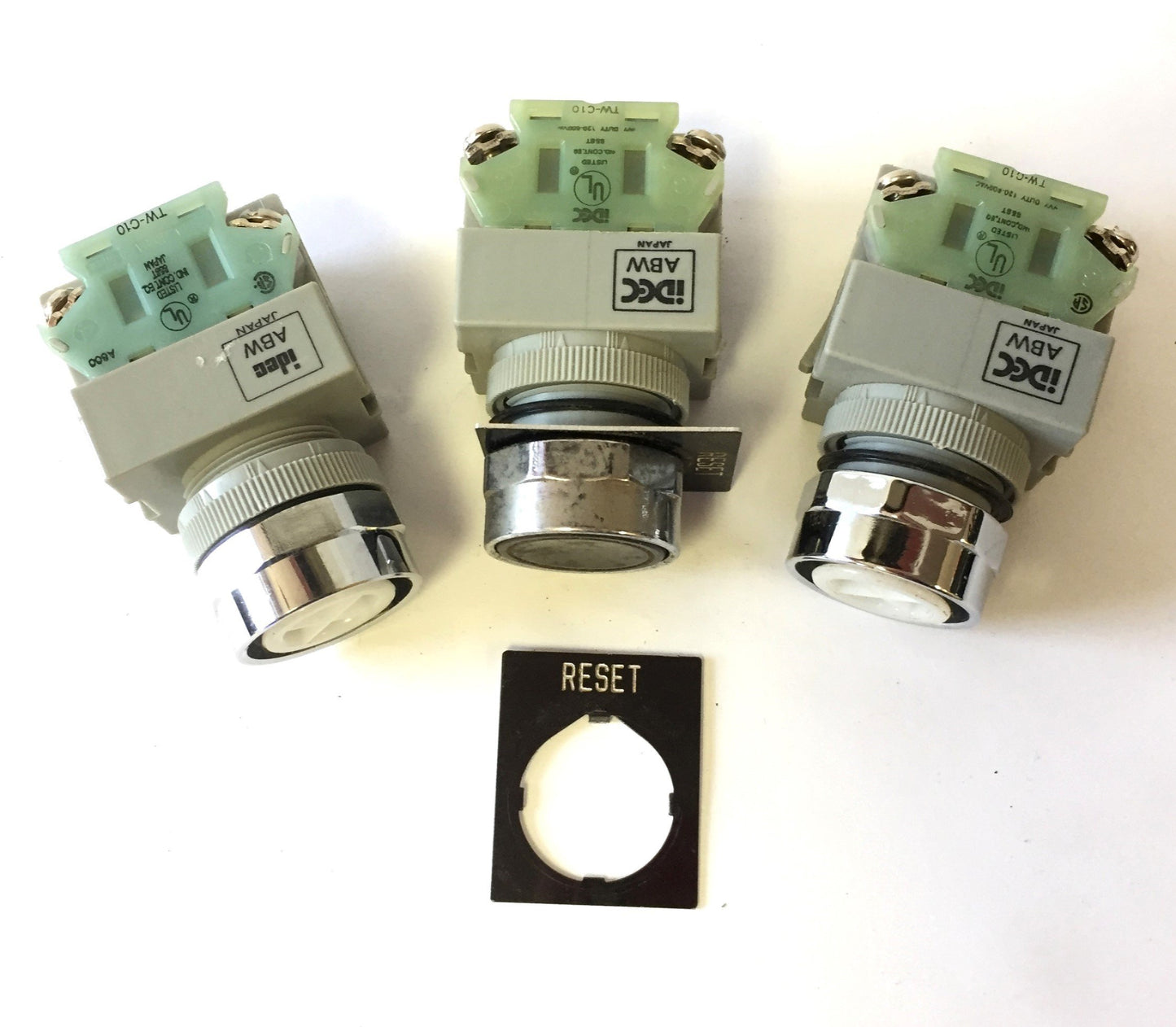 Used Lot of 3 Idec ABW Pushbuttons, 2x TW-C10 N/O Contacts, Momentary, Missing Covers