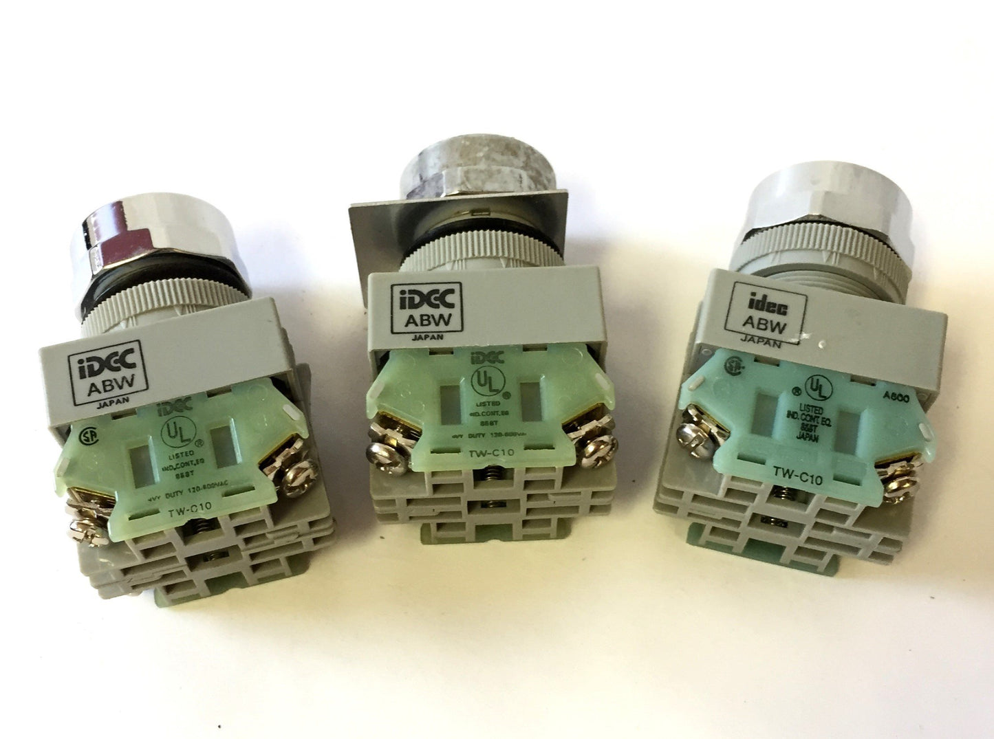 Used Lot of 3 Idec ABW Pushbuttons, 2x TW-C10 N/O Contacts, Momentary, Missing Covers