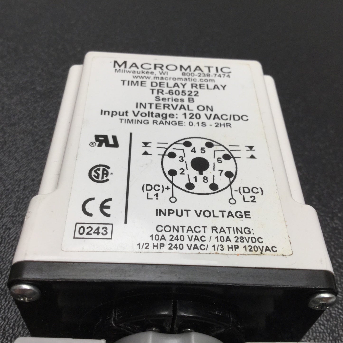 Used Macromatic TR-60522 Time Delay Relay, 0.1sec to 2hrs, In: 120VAC/DC, W/ Socket