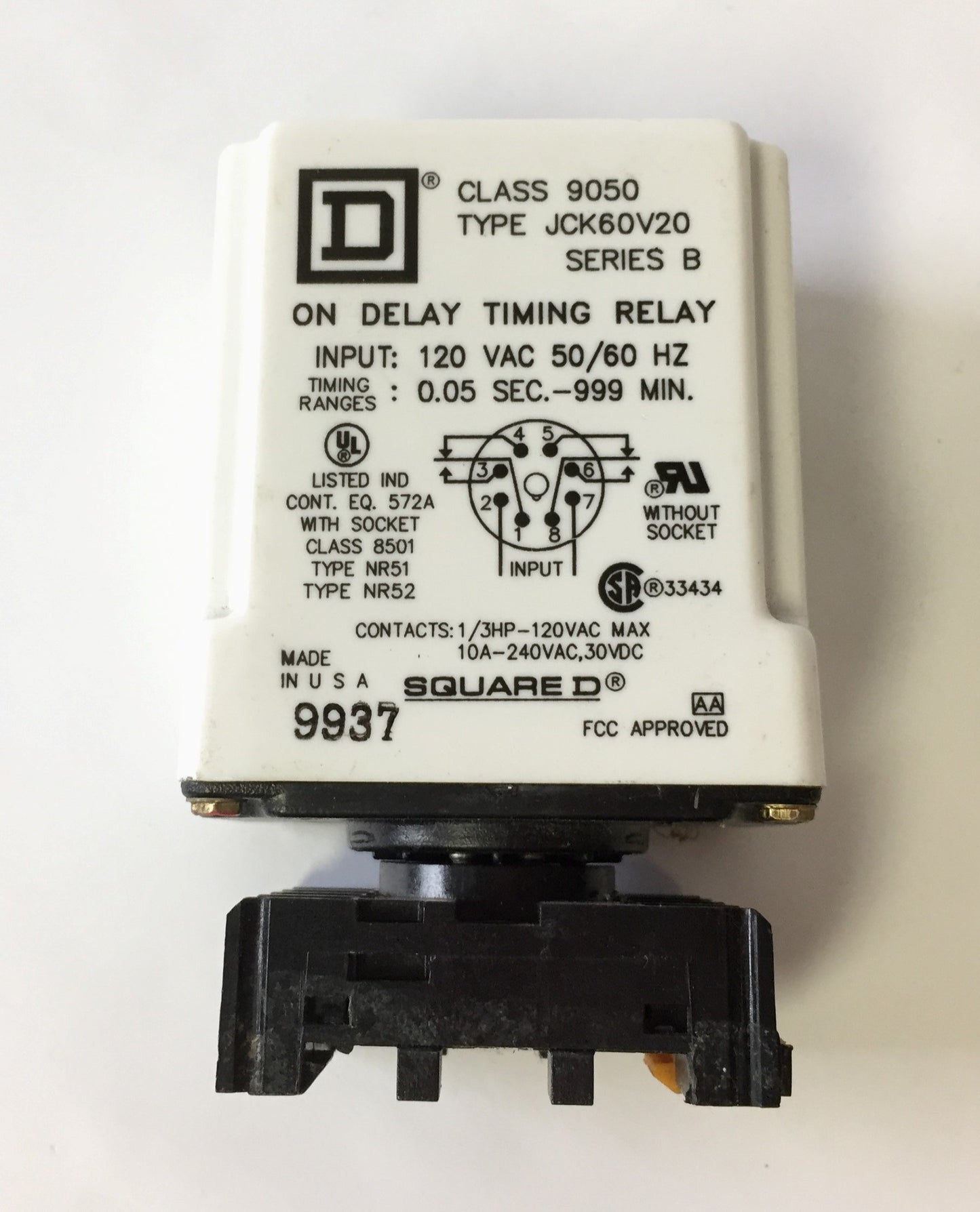 Used Square D JCK60V20 Ser B 9050 On Delay Timing Relay Input: 120VAC 0.05sec-999min