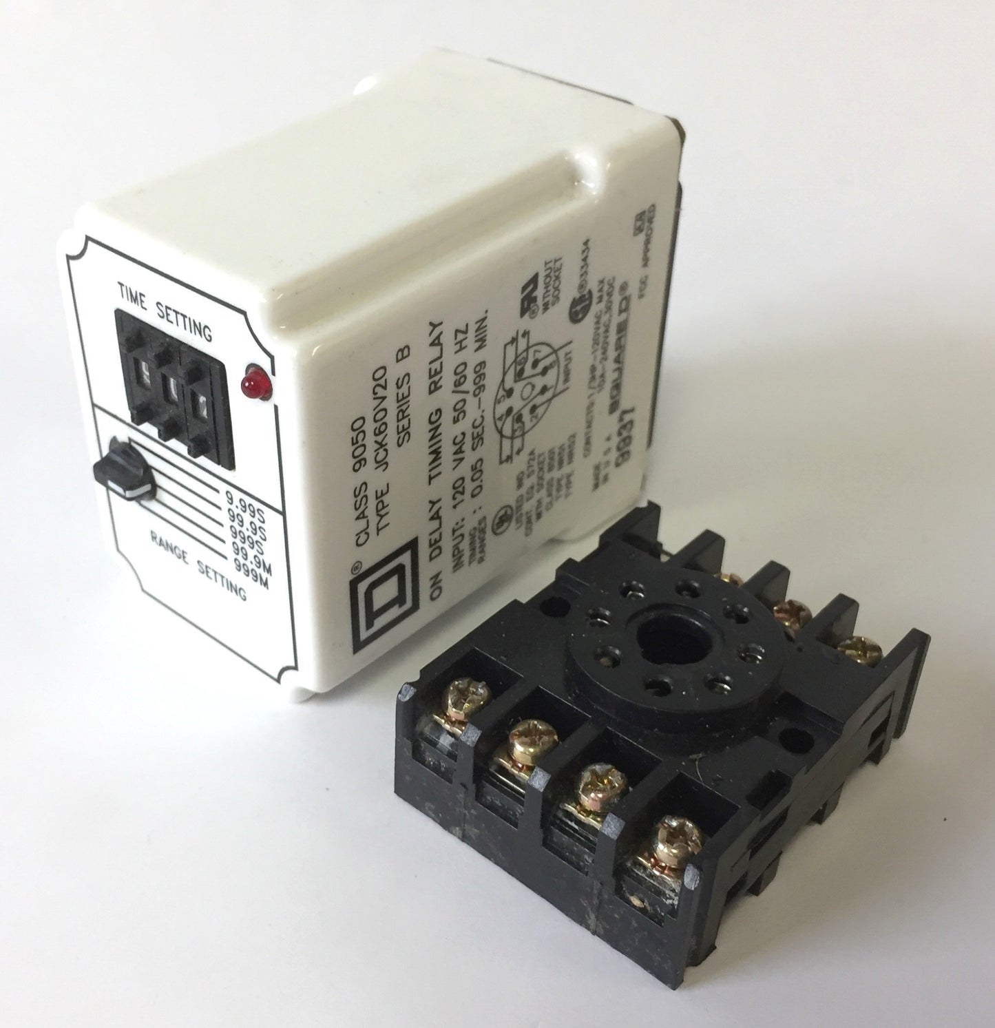 Used Square D JCK60V20 Ser B 9050 On Delay Timing Relay Input: 120VAC 0.05sec-999min