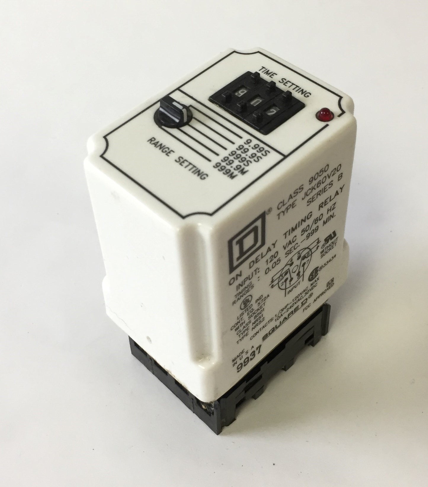 Used Square D JCK60V20 Ser B 9050 On Delay Timing Relay Input: 120VAC 0.05sec-999min