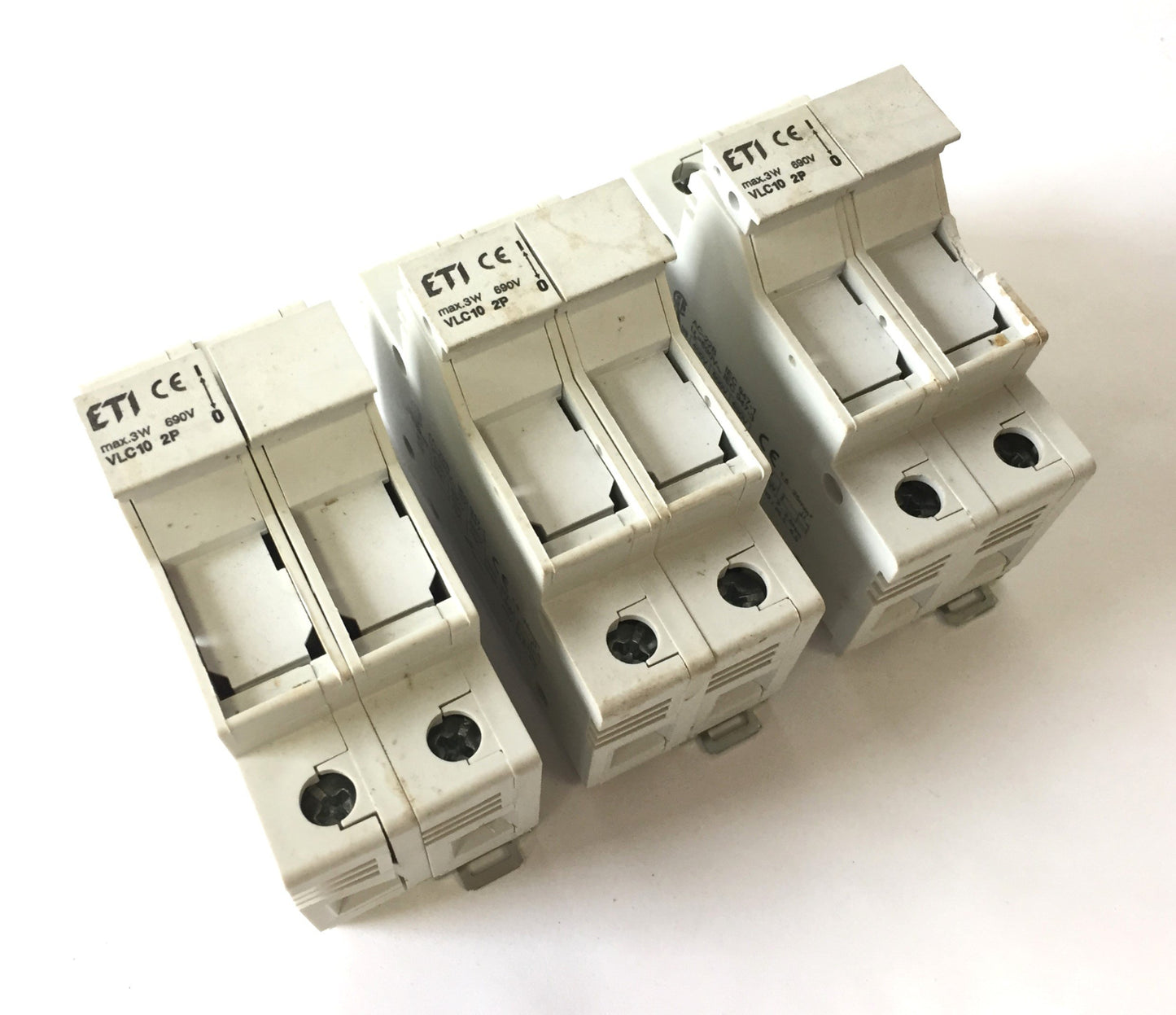 Used Lot of 3 ETI VLC10 Fuse Holders, 2-Pole, 600VAC 3W Max, 10 x 38, DIN Rail Mount