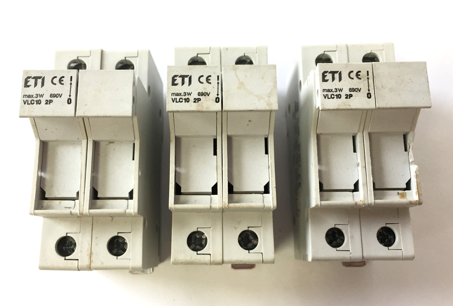 Used Lot of 3 ETI VLC10 Fuse Holders, 2-Pole, 600VAC 3W Max, 10 x 38, DIN Rail Mount