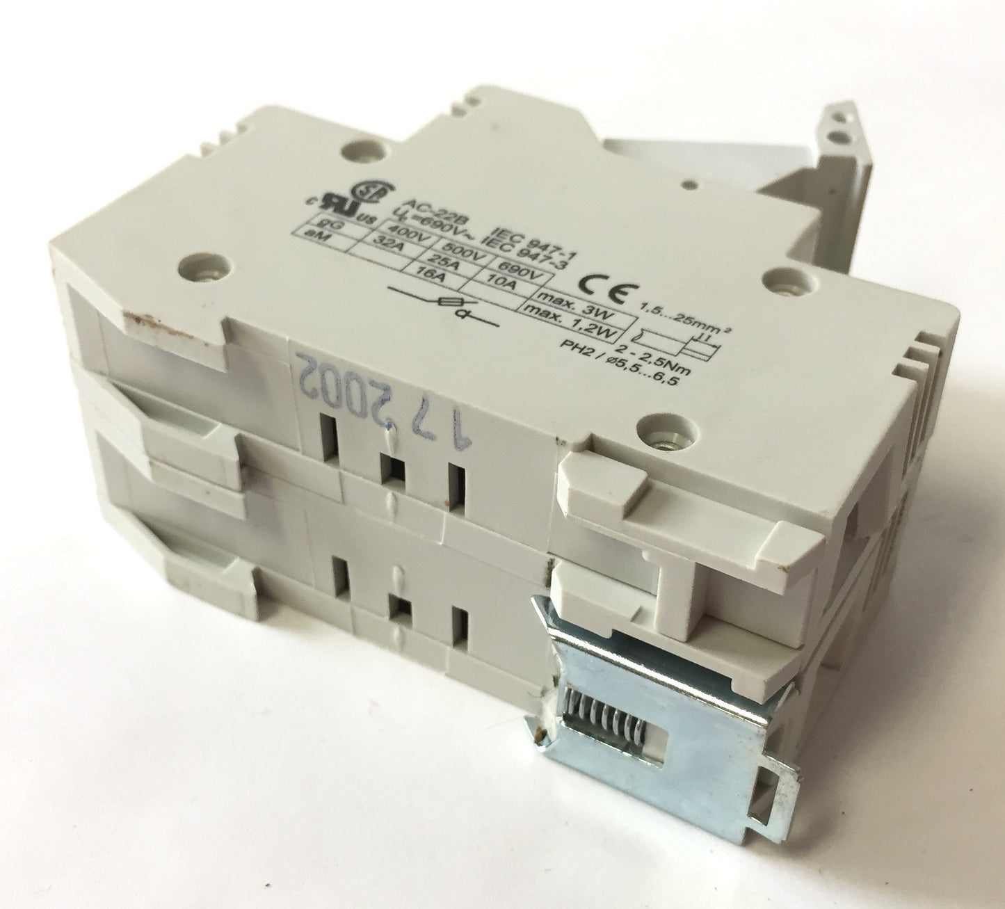 Used Lot of 3 ETI VLC10 Fuse Holders, 2-Pole, 600VAC 3W Max, 10 x 38, DIN Rail Mount