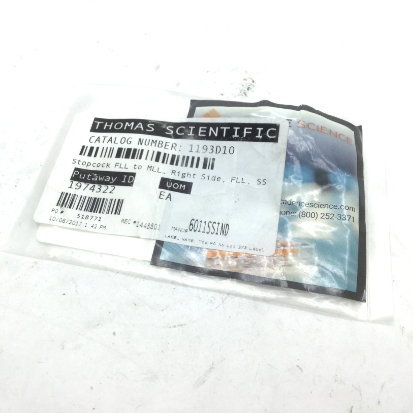 Used Cadence Science 6011SSIND 3-Way Stoppcock Luer Ports 316 Steel